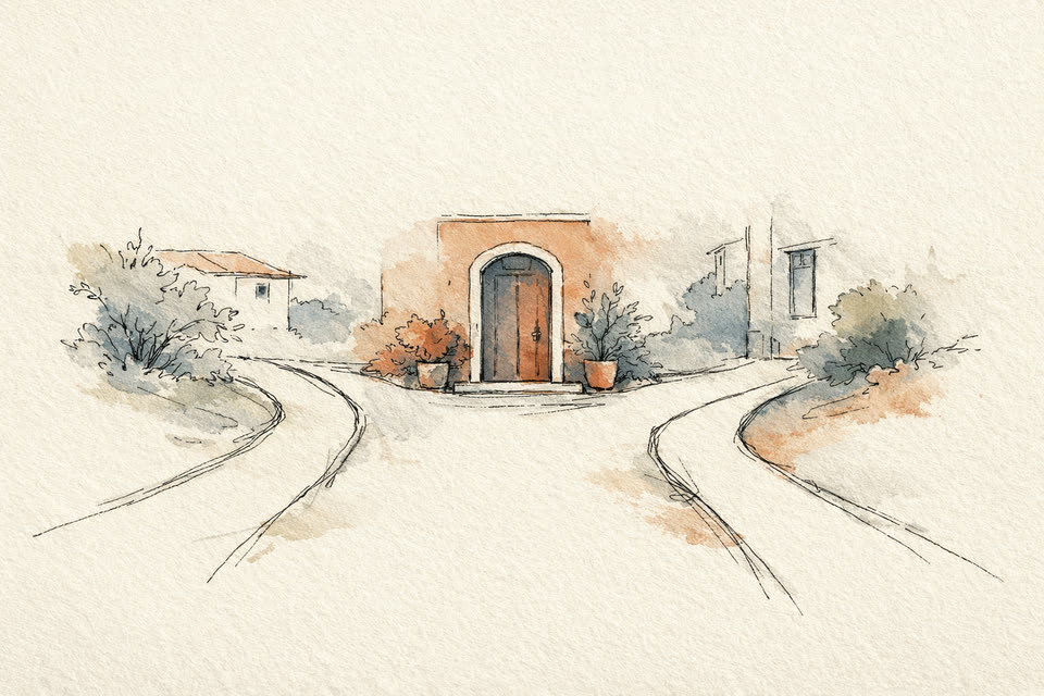 Two paths joining at the doorway of an apartment home