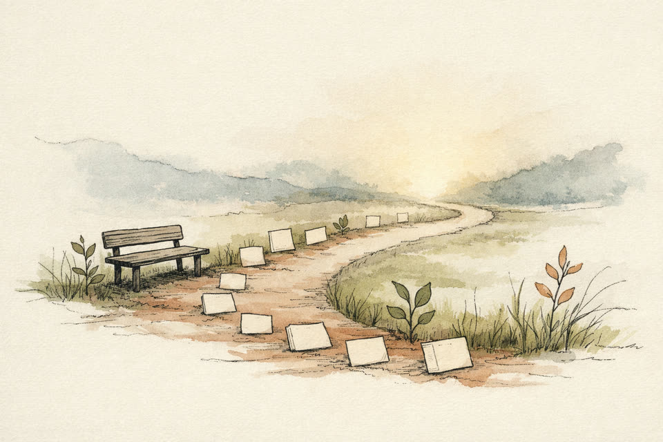 A winding path pausing at a bench before continuing into morning light